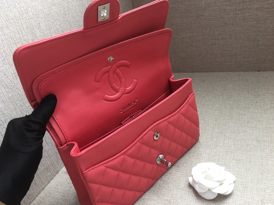 Medium Classic Flap Caviar Bag A01112 Rose Red/Silver